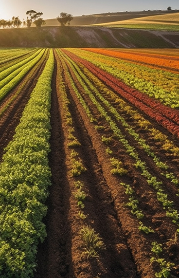 Campo de cultivo com linhas simétricas de plantas variadas exibindo uma paleta vibrante de verdes, vermelhos e laranjas, iluminadas pelo sol poente que realça as cores e as texturas do solo.